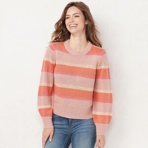 LC LAUREN CONRAD Peachy Pink Blouson Stripe Sequin Crewneck Sweater X-Large
